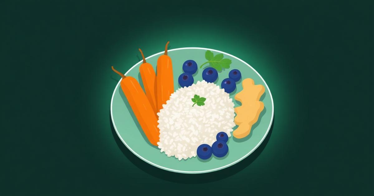 Plate of low-FODMAP foods: rice, carrots, blueberries and ginger